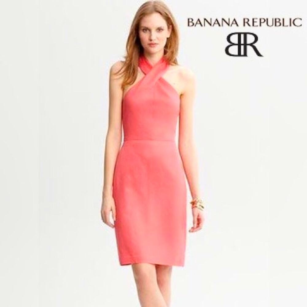 Banana Republic Havana Linen-Cotton Halter Dress Women 8 Coral Side Zip